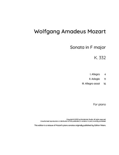 Mozart - Piano Sonata in F major, K332 (PDF Sheet Music / Digital Download)