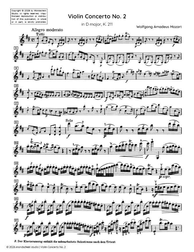 Mozart - Violin Concerto No. 2 in D major, K. 211 (PDF Sheet Music / Digital Download)