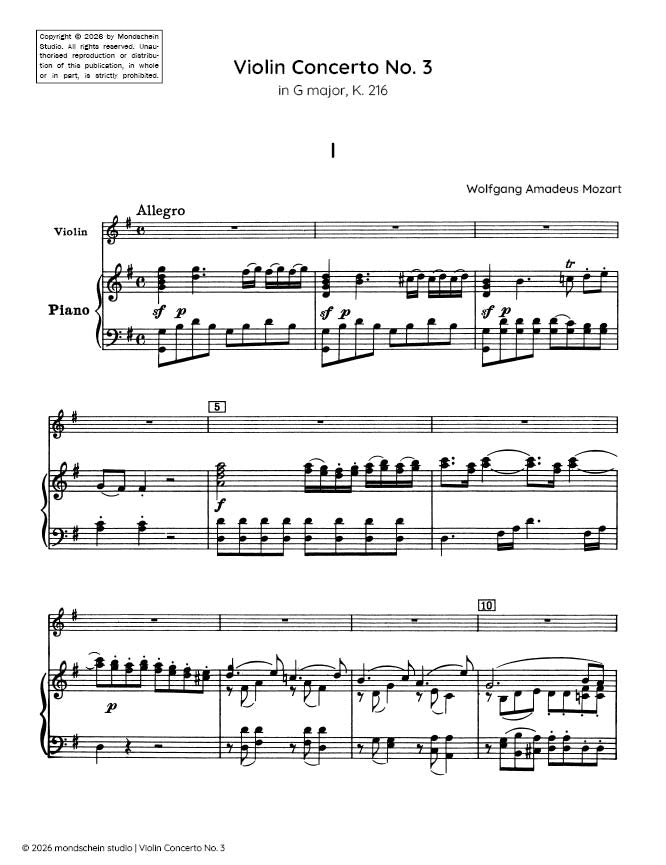 Mozart - Violin Concerto No. 3 in G major, K. 216 (PDF Sheet Music / Digital Download)