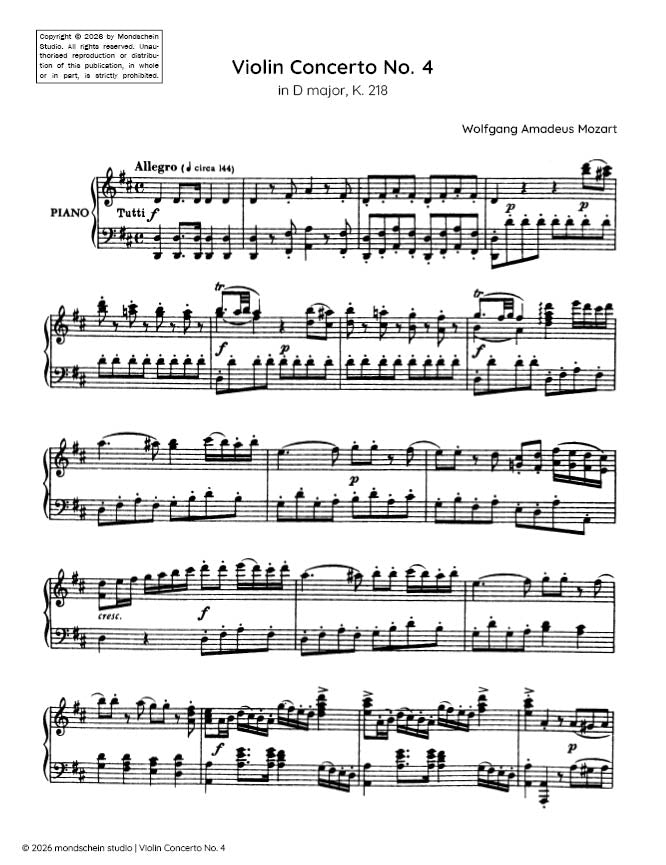 Mozart - Violin Concerto No. 4 in D major, K. 218 (PDF Sheet Music / Digital Download)