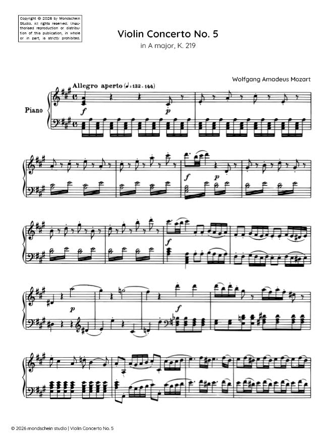 Mozart - Violin Concerto No. 5 in A major, K. 219 (PDF Sheet Music / Digital Download)