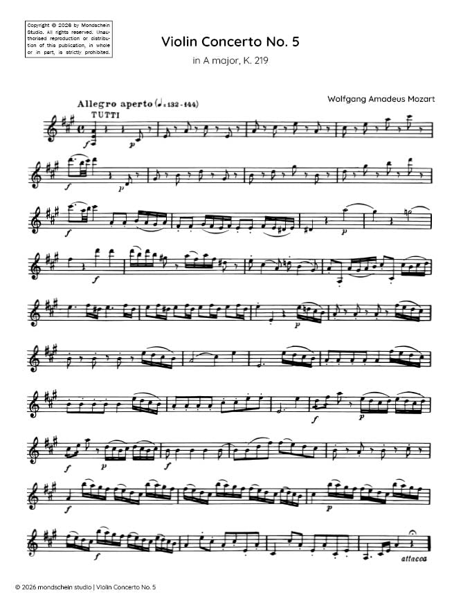 Mozart - Violin Concerto No. 5 in A major, K. 219 (PDF Sheet Music / Digital Download)
