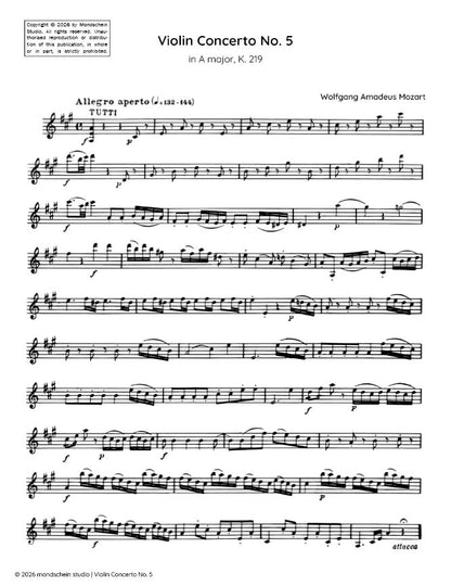 Mozart - Violin Concerto No. 5 in A major, K. 219 (PDF Sheet Music / Digital Download)