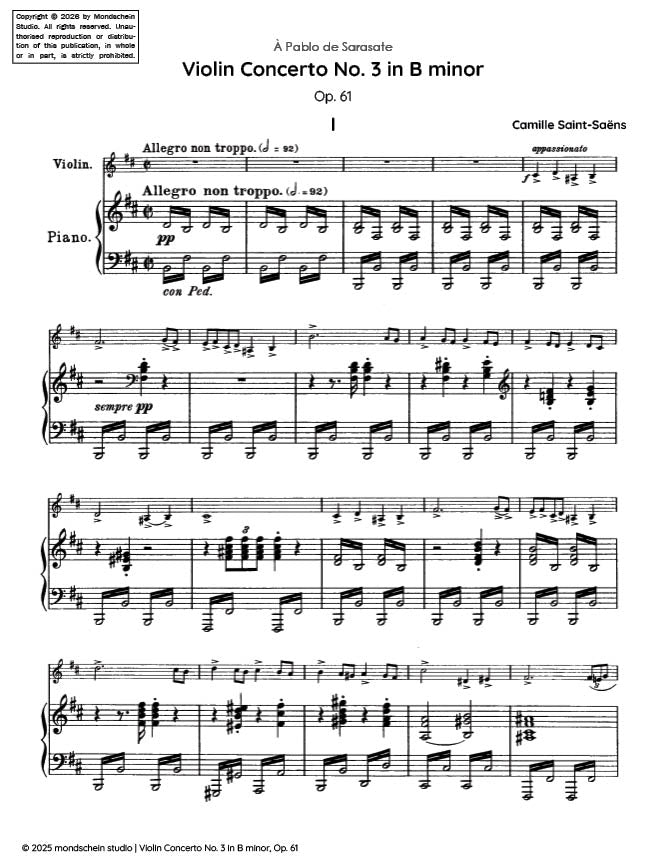Saint-Saëns - Violin Concerto No. 3 in B minor, Op. 61 (PDF Sheet Music / Digital Download)