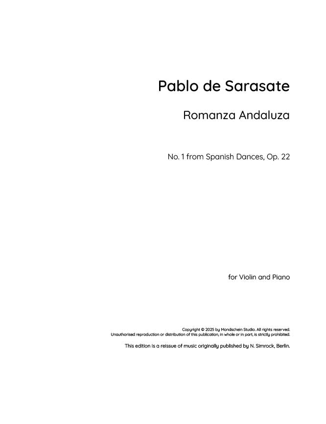 Sarasate - Romanza Andaluza for Violin and Piano from Spanish Dances, Op. 22 (PDF Sheet Music / Digital Download)