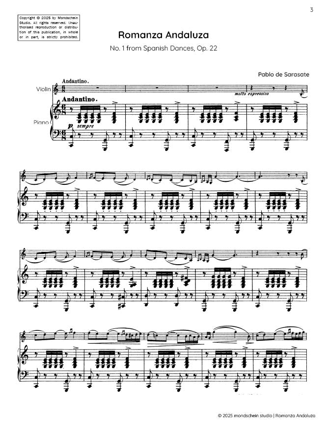 Sarasate - Romanza Andaluza for Violin and Piano from Spanish Dances, Op. 22 (PDF Sheet Music / Digital Download)