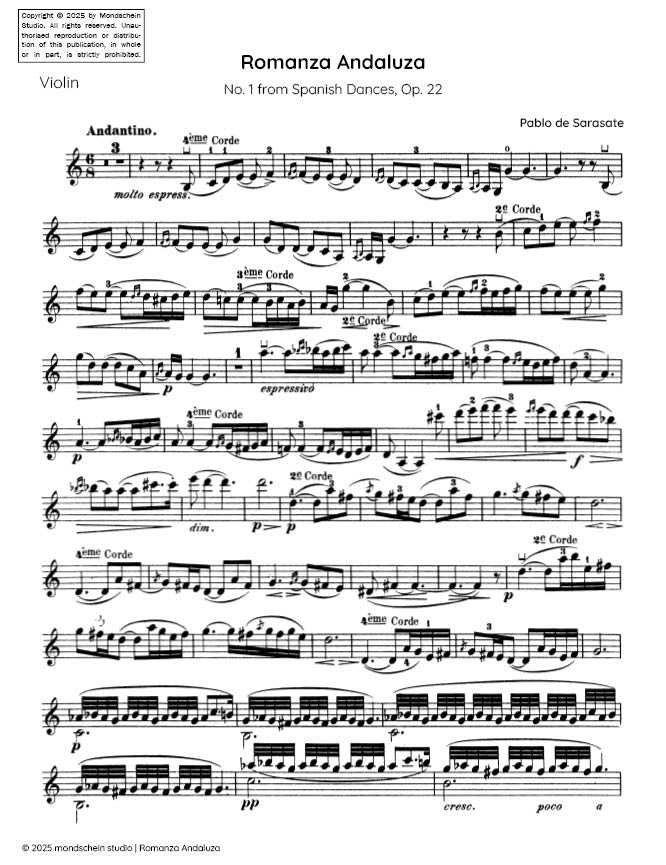 Sarasate - Romanza Andaluza for Violin and Piano from Spanish Dances, Op. 22 (PDF Sheet Music / Digital Download)
