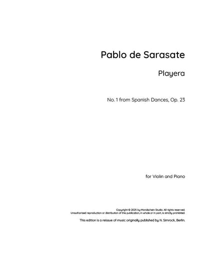 Sarasate - Playera for Violin and Piano from Spanish Dances, Op. 23 (PDF Sheet Music / Digital Download)