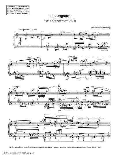 Schoenberg - III. Langsam from 5 Klavierstücke, Op. 23 (PDF Sheet Music / Digital Download)