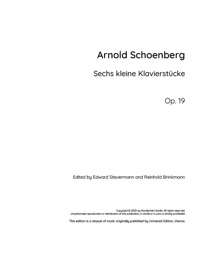 Schoenberg - Sechs kleine Klavierstücke, Op. 19 (Six Little Piano Pieces) (PDF Sheet Music / Digital Download)