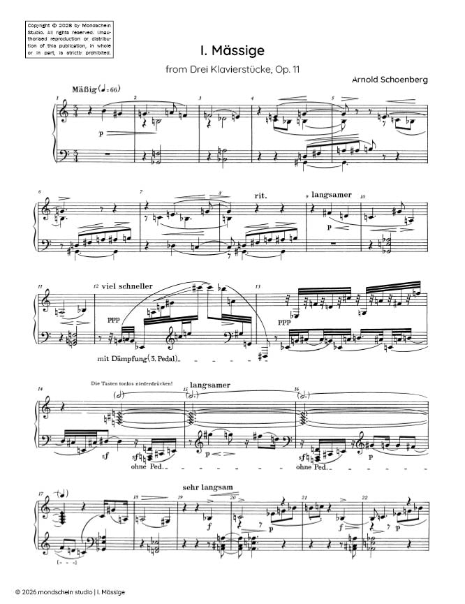 Schoenberg - I. Mässige from Drei Klavierstücke, Op. 11 (Suite for piano) (PDF Sheet Music / Digital Download)