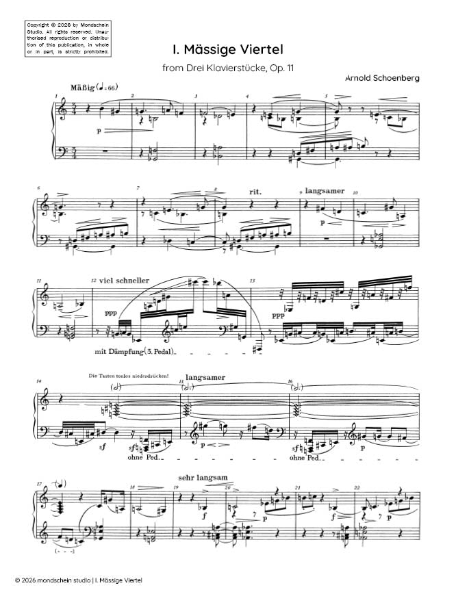 Schoenberg - I. Mässige Viertel from Drei Klavierstücke, Op. 11 (PDF Sheet Music / Digital Download)