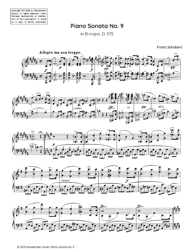 Schubert - Piano Sonata No. 9 in B major, D. 575 (PDF Sheet Music / Digital Download)