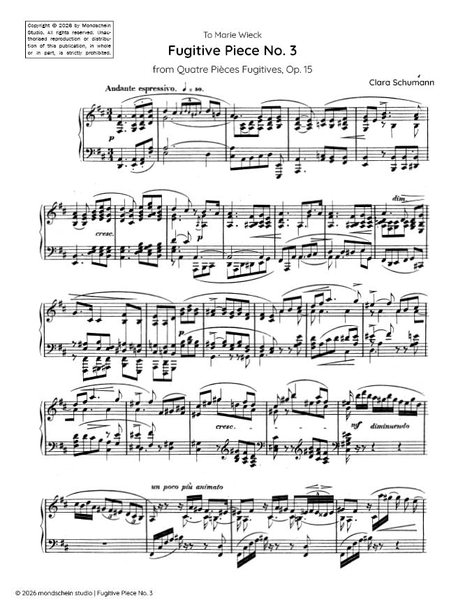 Schumann, C - Fugitive Piece No. 3 from Quatre Pièces Fugitives, Op. 15 (PDF Sheet Music / Digital Download)