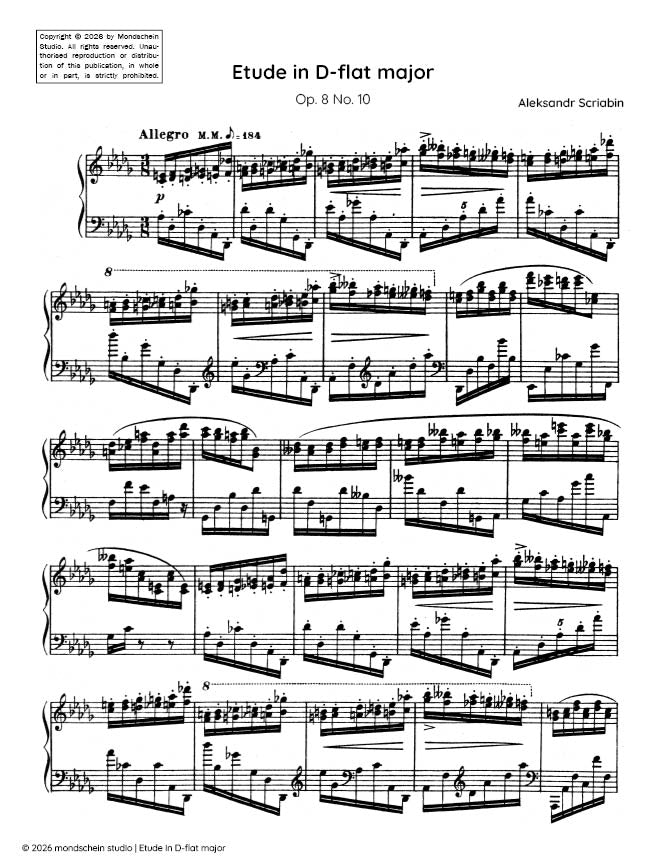 斯克里亚宾 - 降D大调练习曲，作品8第10首（PDF乐谱/数字下载）
