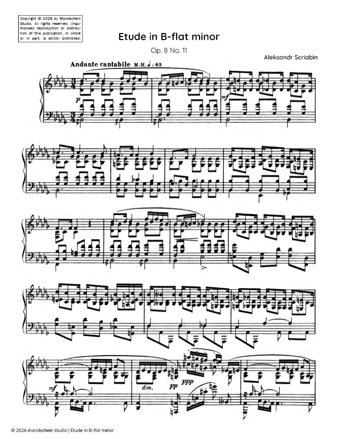 斯克里亚宾 - b小调练习曲，作品8第11号 (PDF活页乐谱/数字下载)