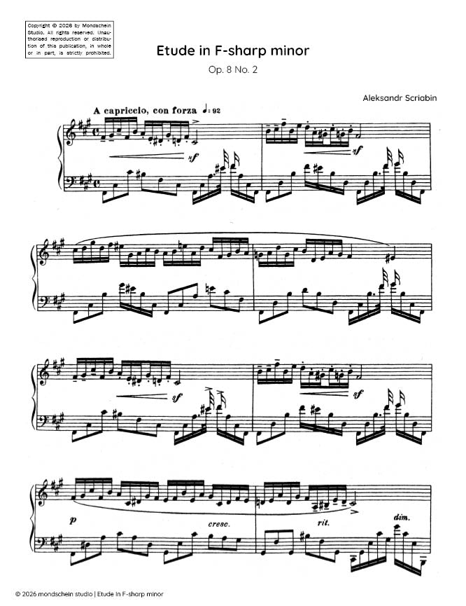 斯克里亚宾 - 升f小调练习曲，作品8号第2首 (PDF乐谱/数字下载)