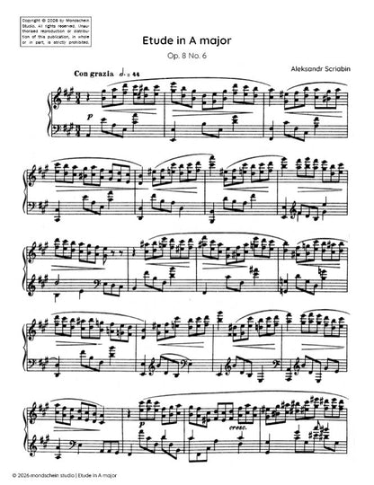 斯克里亚宾 - A大调练习曲，作品8第6号（PDF乐谱/数字下载）