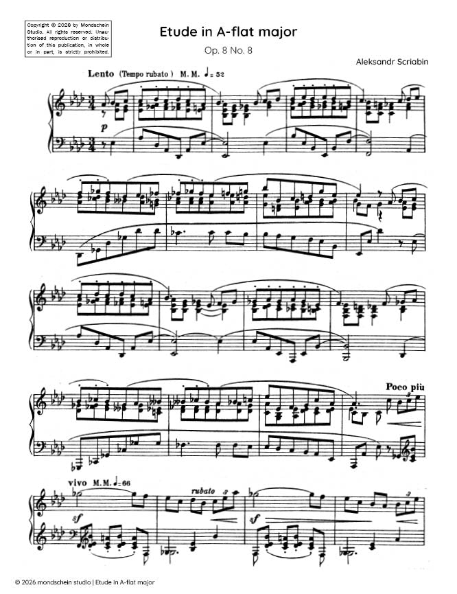 斯克里亚宾 - 降A大调练习曲，作品8第8首（PDF乐谱/数字下载）