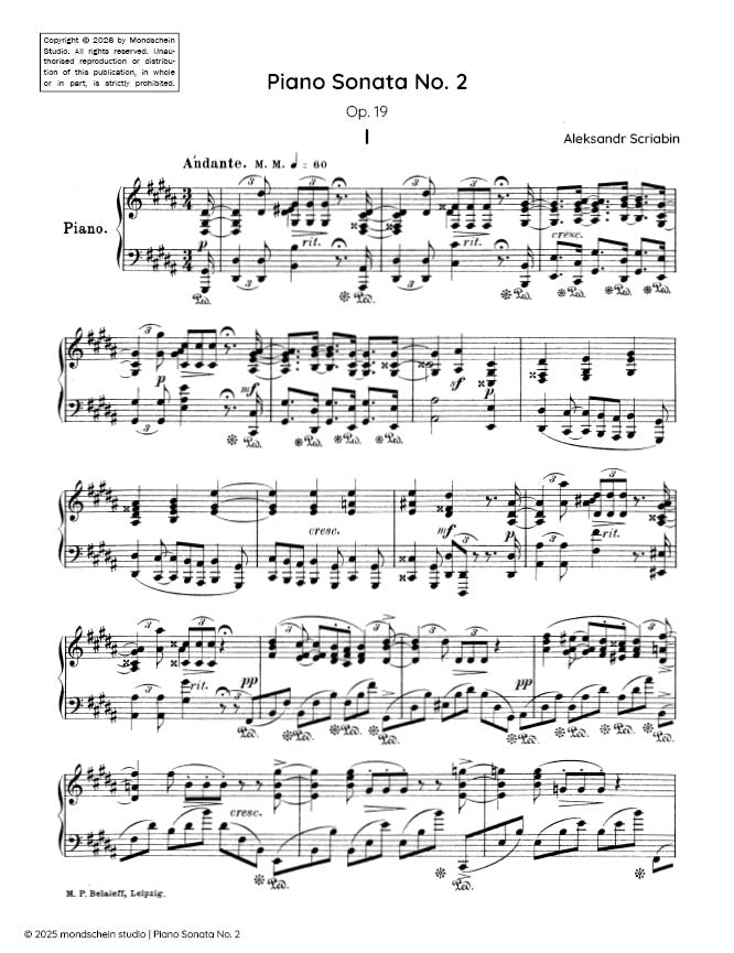 斯克里亚宾 - 第二钢琴奏鸣曲，作品19（PDF乐谱/数字下载）
