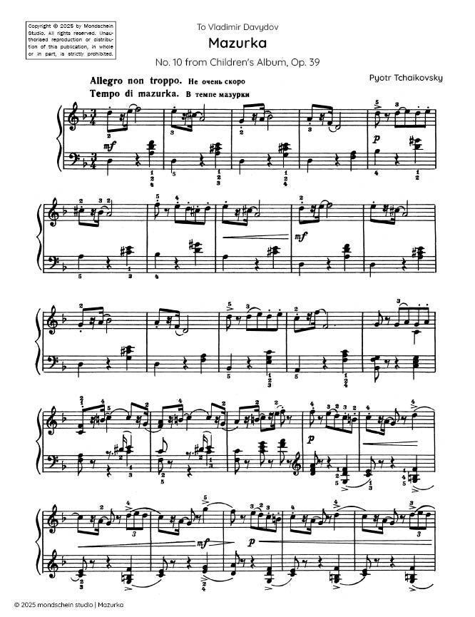 Tchaikovsky - Mazurka, Op. 39 No. 10 (PDF Sheet Music / Digital Download)