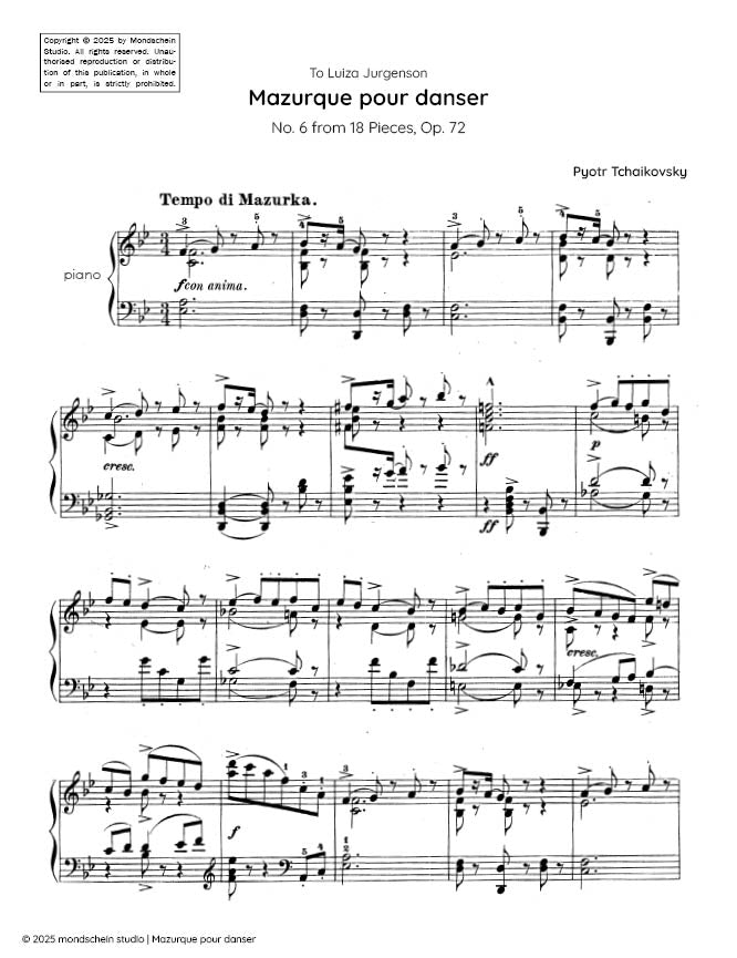 Tchaikovsky - Mazurque pour danser from 18 Pieces, Op. 72 No. 6 (PDF Sheet Music / Digital Download)