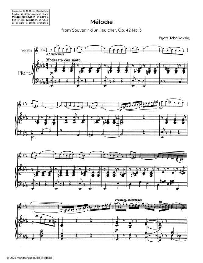 Tchaikovsky - Mélodie, from Souvenir d'un lieu cher, Op. 42 No. 3 (PDF Sheet Music / Digital Download)