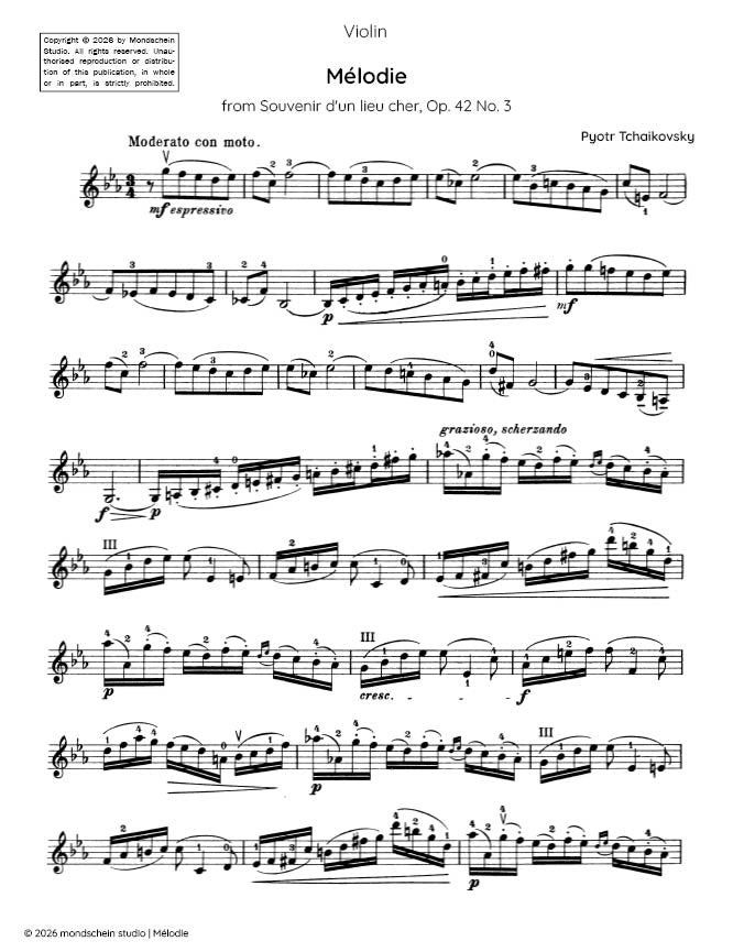 Tchaikovsky - Mélodie, from Souvenir d'un lieu cher, Op. 42 No. 3 (PDF Sheet Music / Digital Download)
