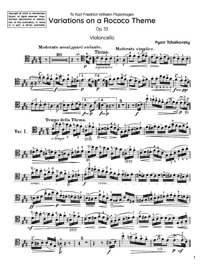 Tchaikovsky - Variations on a Rococo Theme, Op. 33 (PDF Sheet Music / Digital Download)
